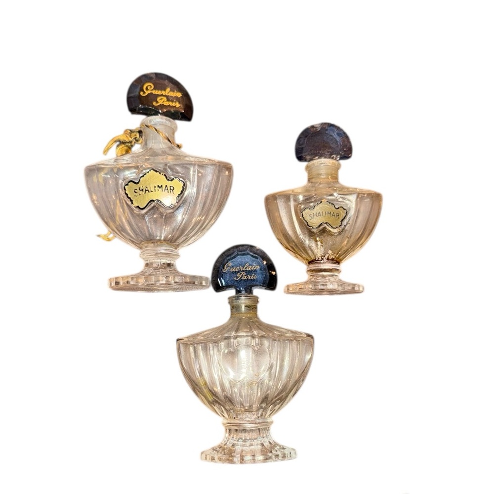3 VINTAGE FRENCH GUERLAIN SHALIMAR PARIS EMPTY PERFUME BOTTLES